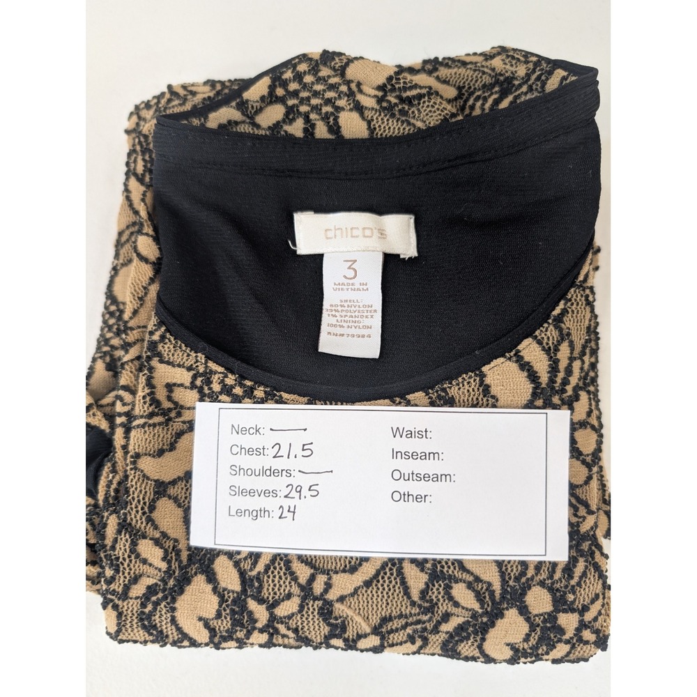 Chicos 3 Black Lace Long Sleeve Lined Top Blouse Elegant Party Evening - Picture 6 of 6